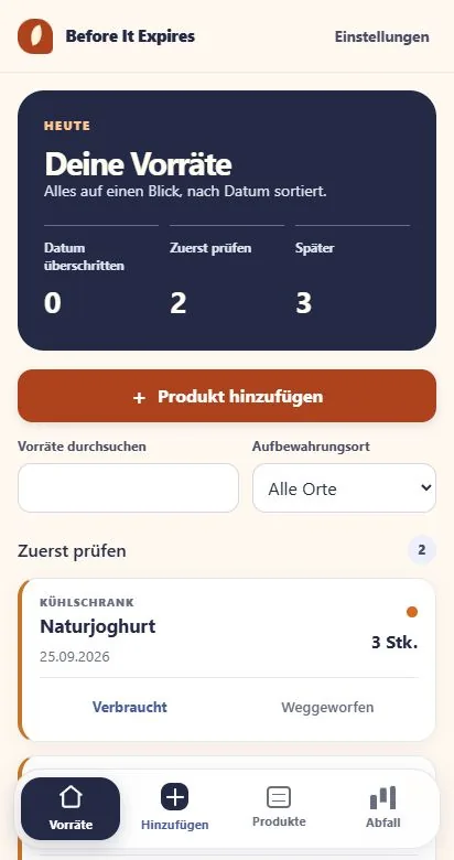 Vorräte nach Verpackungsdatum sortiert