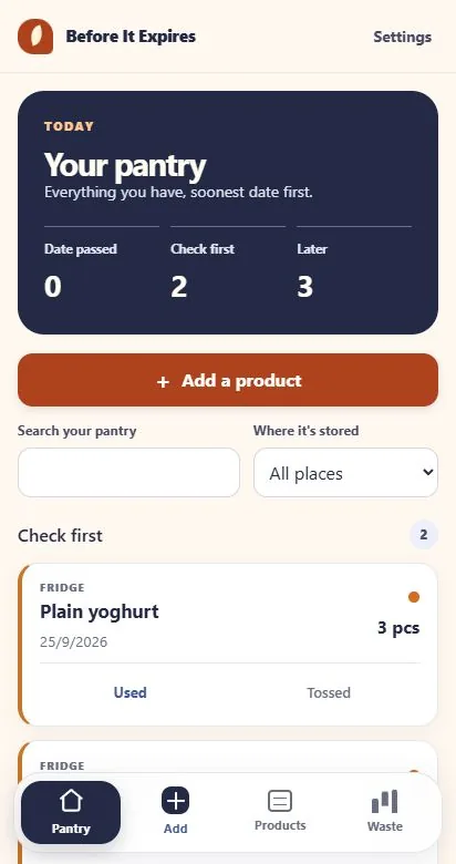 Pantry inventory sorted by package date