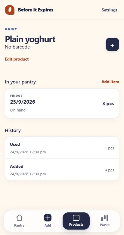 Product history and remaining stock
