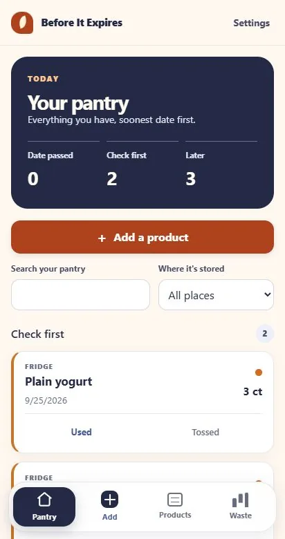 Pantry inventory sorted by package date
