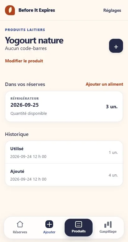Historique du produit et provisions restantes