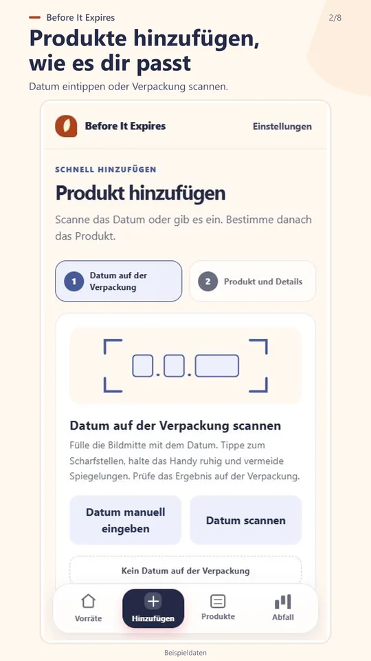 Produktdatum manuell oder mit dem Scanner hinzufügen