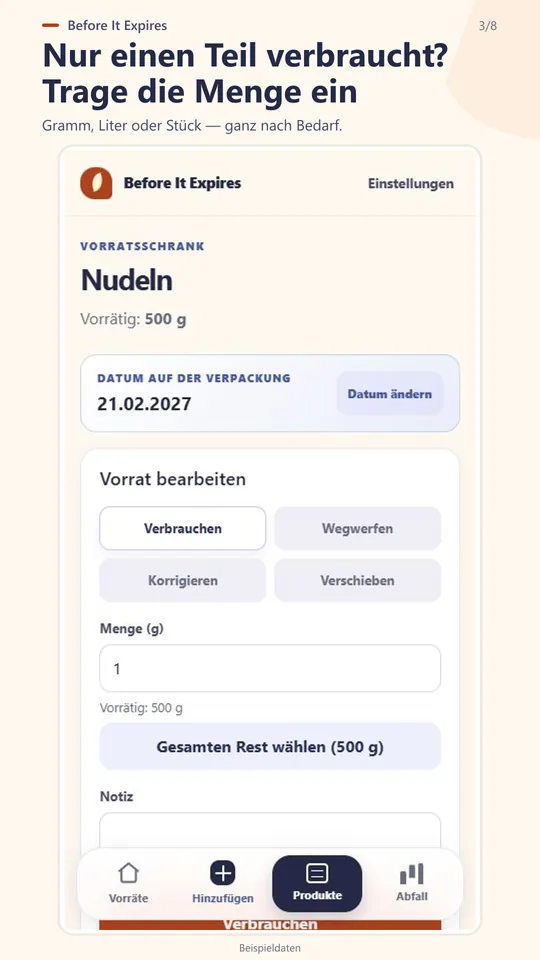 Verbrauchte oder entsorgte Menge erfassen