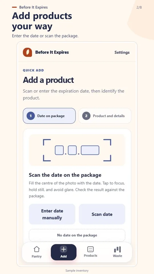 Add a product date manually or with the scanner