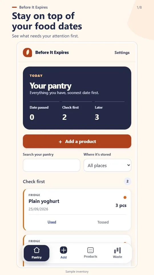 Pantry inventory sorted by package date