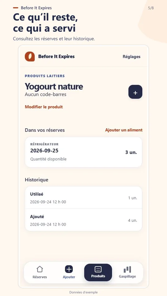Historique du produit et provisions restantes