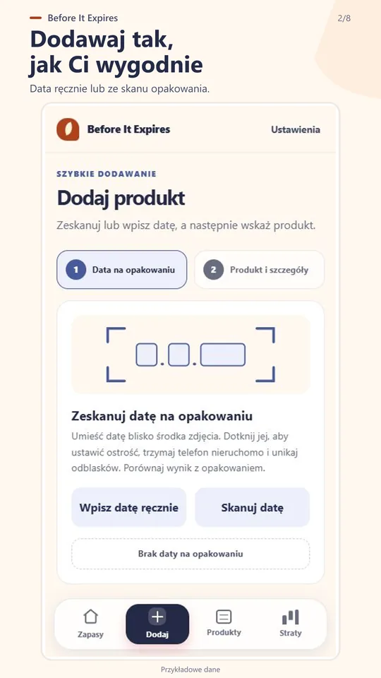 Dodawanie daty produktu ręcznie lub skanerem
