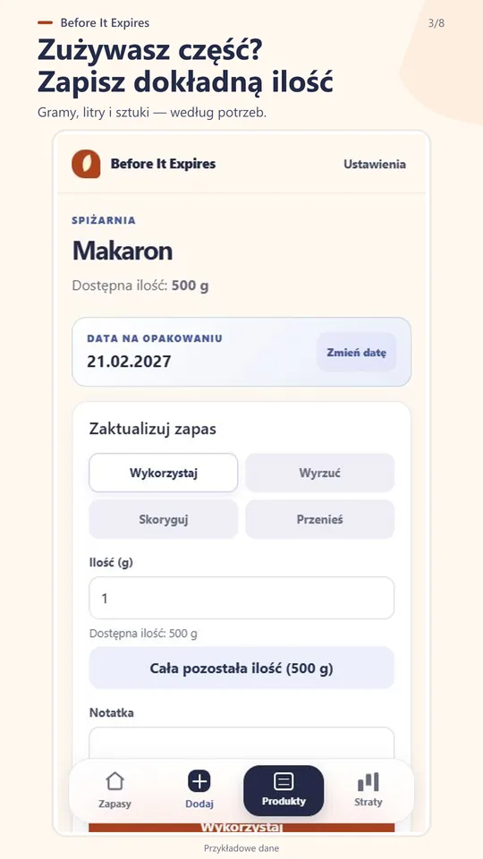 Zapisywanie zużytej lub wyrzuconej ilości